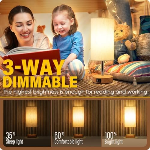 Yarra-Decor Bedside Table Lamp with USB Ports - Touch Control for Bedroom 3 Way Dimmable Nightstand Lamp with Round Fabric Shade for Living Room, Dorm, Home Office, Corded Electric, Without Battery - Image 2