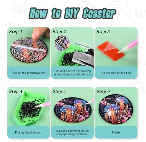Zynlio Jellyfish Diamond Paintings Coasters Kits Set with Holder,Diamond Art, DIY Diamond Crafts Coasters for Adults, Diamond Art Painting Kits for Women, Beginners, Diamond Craft Supplies - Image 4
