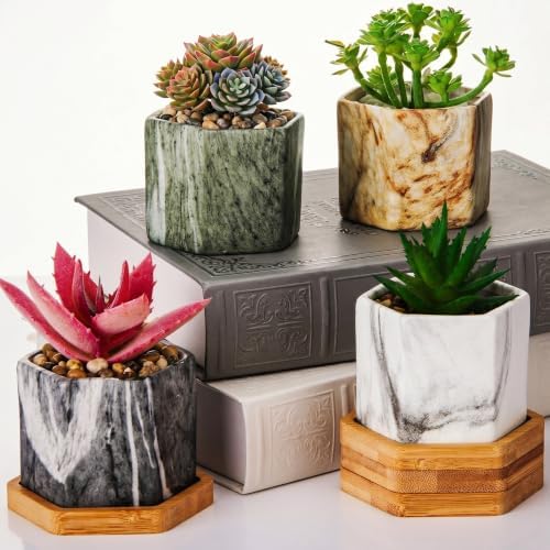 Ziliny Marbling Ceramic Flower Pot Succulent Small Plant Cactus Herbs Planter Ceramic Pot with Drainage Hole Matte Container(4 Pcs,Hexagon Style) by Ziliny