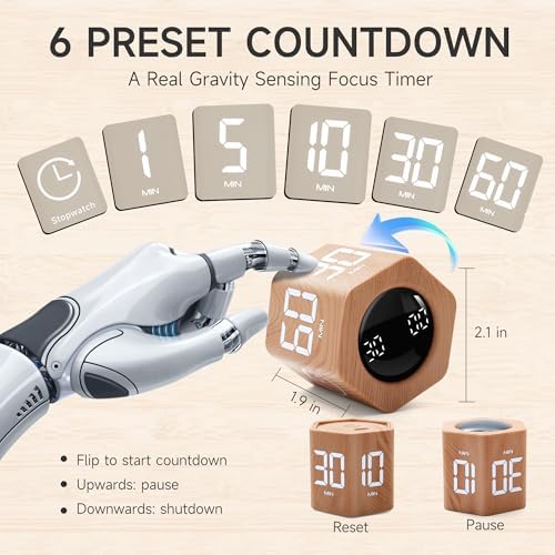 Productivity Cube Timer, 1/5/10/30/60 Min Presets, Wood Grain Finish - Image 2