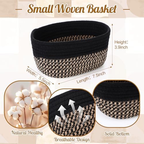 10 Pack Small Woven Baskets, Cotton Rope, Linen, Black - Image 2