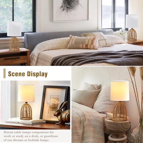 EJIAXIN Rattan Lamp Boho Lamps Set of 2-13.75" Mini Farmhouse Table Lamp Rustic End Table Decorative Small Lamps for Small Spaces Bedroom Nightstand Living Room Reading Desk Side Table Lamp - Image 3