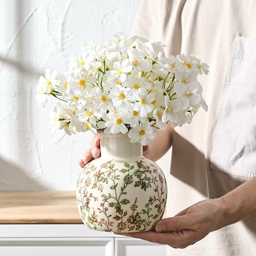 SIDUCAL Ceramic Green and Beige Antique Vase, 5.91 Inch Retro Ice Cracked Chinoiserie Floral Vase, Rustic Farmhouse Vases for Home Decor, Bookshelf, Office, Garden, Chinoiserie Decor, Tuscan Decor - Image 4