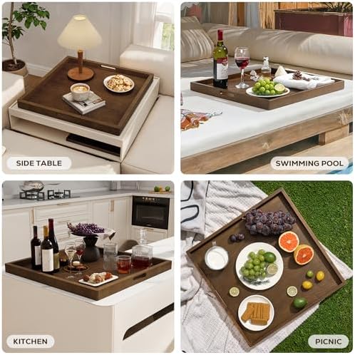 Axeman 22 Inch Large Square Wooden Ottoman Tray for Living Room|Extra Large Serving Tray with Handles for Coffee Table, Breakfast|Decorative Wood Tray for Ottoman Couch Sofa Kitchen|Walnut - Image 6