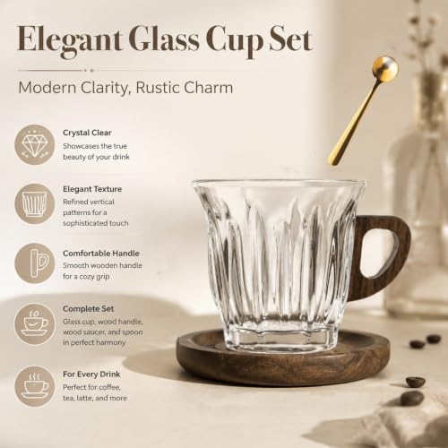 Glass Coffee Cup Set with Wooden Handle and Wooden Saucer, Clear Latte Cappuccino Espresso Mug, Heat Resistant Drinkware Gift for Home Office Café Use - Image 5