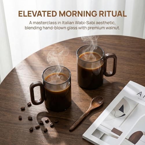 12OZ Borosilicate Glass Mug with Walnut Handle, 2-Pack - Image 3