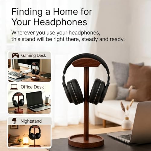 Headphone Stand Nature Wood Headset Hanger Mount Hook Gaming Holder Desktop Earphone Artful Functional Stand for All Headsets with Solid Wooden Base - Image 3