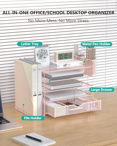 WALI Desk File Organizer, 5 Tier Desktop Paper Letter Tray Organizer with Drawer and 2 Pen Holders, Office Desk Accessories & Workspace Organizers for Office, Home Supplies(DO006DH-P), 1 Pack, Pink - Image 3
