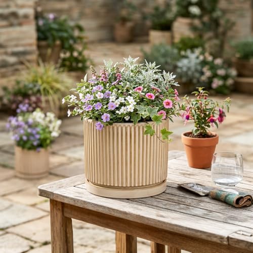8 Inch Flower Pot, Ceramic Planters, Round Plant Pot, Beige - Image 4