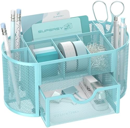 Mesh Desk Organizer with Drawer, 9-Compartment Pen Holder for Desk, Blue by SUPEASY