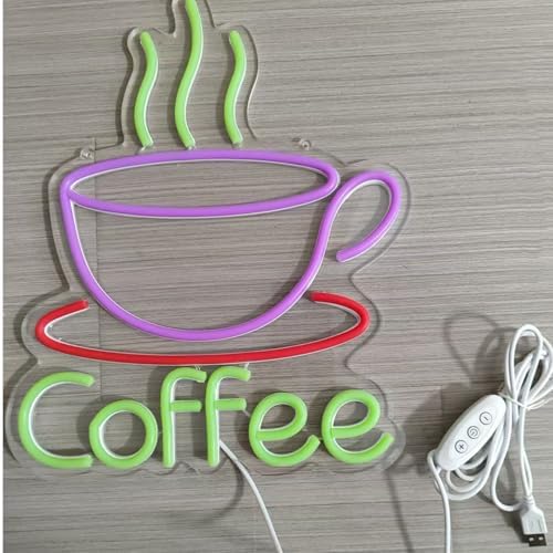 LED Coffee Cup Neon Sign Large 5V USB Powered Acrylic Neon Lights with Dimmable Switch and Hanging Chain for Coffee Cafe Bar Party Living Room Sign Gifts(Purple,Green,Red) - Image 4