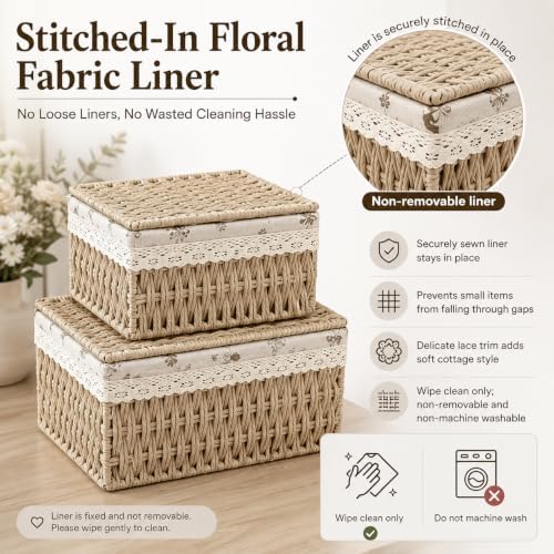 Wicker Basket with Lid & Liner for Counter, Woven Storage basket Set of 3 - Image 4
