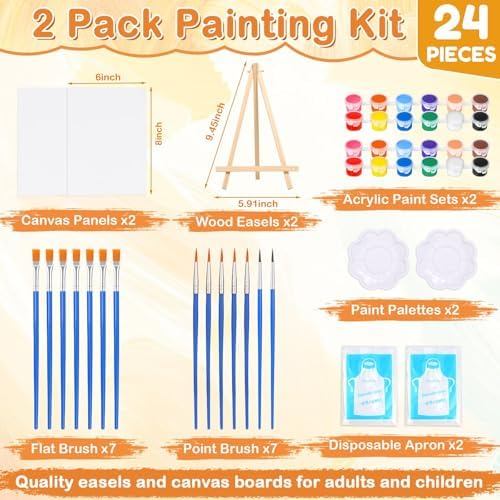 24 PCS Acrylic Paint Set, 2Pack Art Canvas with Easel Stand, 12 Acrylic Paints, 14 Brushes, Palettes, Aprons -Beginner Painting Kit, Mini Painting Canvas with Easel Set, Painting Kits for Adults Party - Image 3