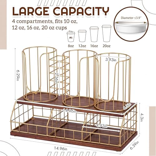 Geelin 18oz Adjustable Coffee Cup Dispenser with Wooden Base, Cup and Lid Holder, Cups Holder Organizer for Coffee Pod Straw and Lid Storage(4-compartment Double,Color 2) - Image 2