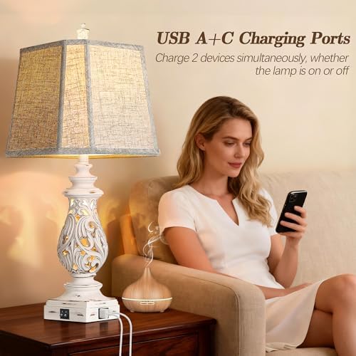 PARTPHONER 29" Table Lamps Set of 2, Bedside Lamps with USB A+C Ports & Night Light, Farmhouse Nightstand Lamps with Linen Fabric Shades for Bedroom Living Room, Antique White (LED Bulbs Included) - Image 4
