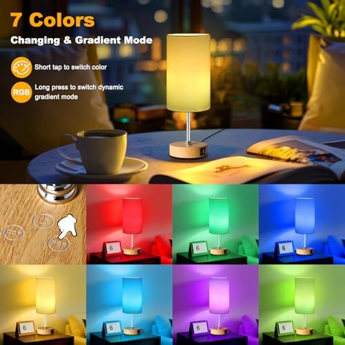 Unicozin Table Lamp with Wood Grain Base, 3 CCT 3000K/4500K/6500K & RGB Color Changing, Stepless Dimmable Small Bedside Lamp for Reading, Ambience Nightstand Light for Home Decor Party, White Shade - Image 4