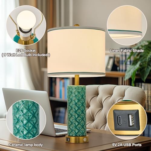 Set of 2 Table Lamp for Living Room Bedroom Farmhouse,26'' Touch Control Bedroom Turquoise Ceramic Lamps 3-Way Dimmable Bedside Lamps with USB A+C Ports Linen Shade for Home - Image 5