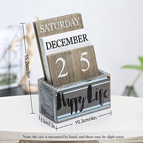Notakia Perpetual Calendar Wooden Calendar Blocks Vintage Wood Block Calendar for Home Office Desk Accessories Week Month Date Display (Happy Life) - Image 3