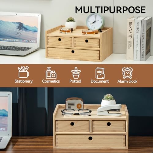 KIRIGEN Wooden Desk Organizer with 3 Drawers and Top Tray Natural DT2D3C-NA - Image 3