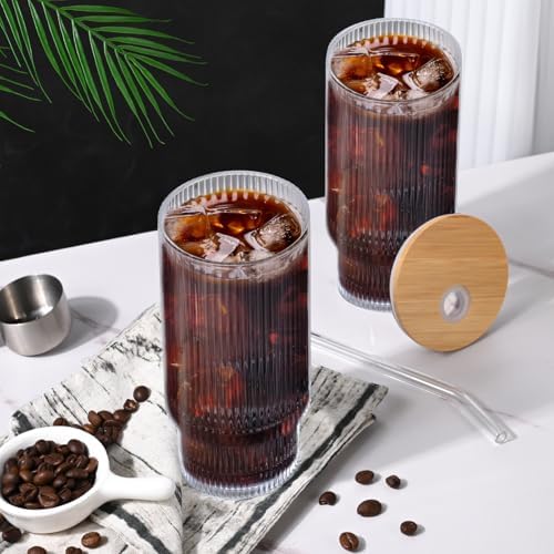 16OZ Ribbed Glass Cups with Lids and Straws,Iced Coffee Cups with Bamboo Lid,Vintage Glassware for Whiskey Cocktail Beer Fruit Juice Glasses Tumbler(2 Pack) - Image 2