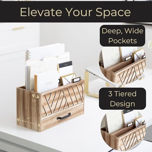 BLU MONACO | Natural Wood Desktop Mail Organizer with Drawer | Three-Tier Mail Sorter with Black Label Holders | Countertop Mail Holder & Document Storage for Home or Office - Image 3