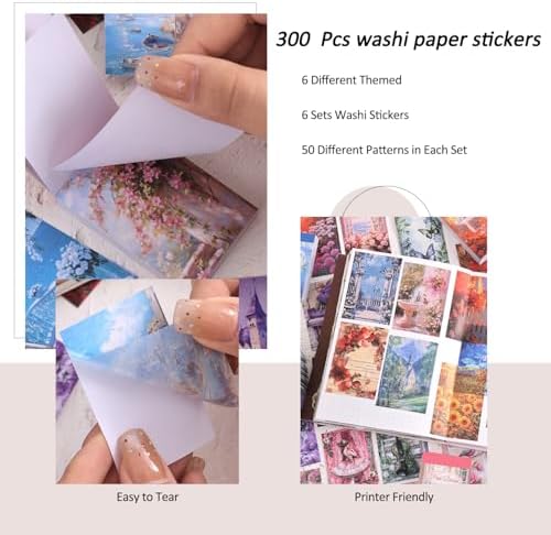 6 Sets 300 Pcs Washi Stickers Set Colorful Dreams Sticker Book for Journaling, DIY Decorative Paper Sticker Decals for Bullet Journal Art Scrapbooking Diary Card Craft Gift Album Notebook Stationery - Image 3