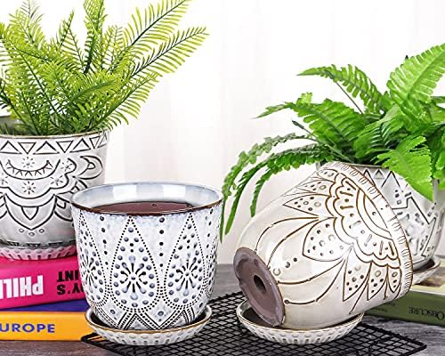VanEnjoy 5.9 inch Round Bohemian Style Ceramic Planter, Geometry Engrave Off White Brown Planter Flower Pot, Indoor Outdoor Decorative Planter - Image 6