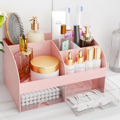 Makeup Organizer with Drawers, Cosmetic Storage for Dresser Vanity and Bathroom Countertop, Beauty Holder for Lipstick Brush, Skincare Organizer for Vanity, Cosmetic Display Case (Pink) by COMFYROOM