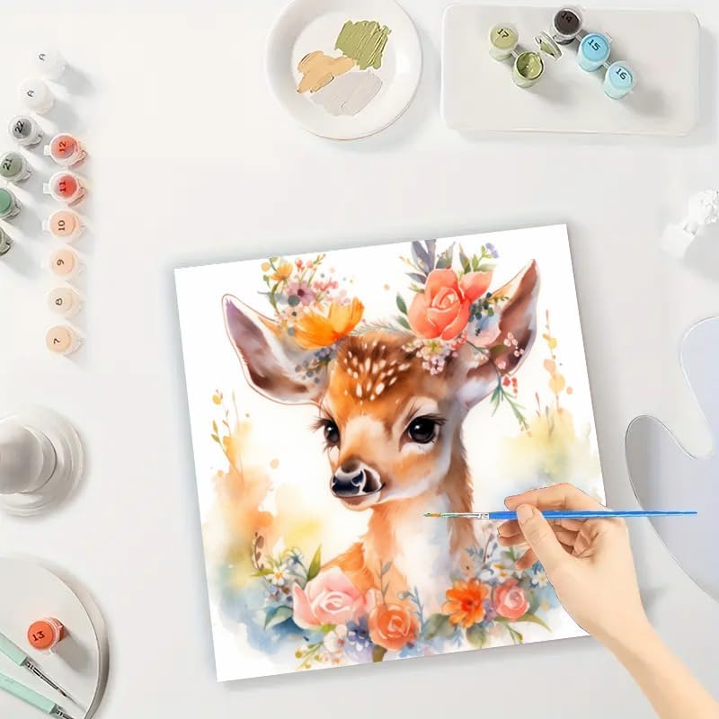TAOPAOLAB Floral Baby Deer Digital Painting Kit for Adults - DIY Cute Fawn Oil Painting on Canvas 7.87x7.87in, Framed Acrylic Paint Kit, Good for Beginners, Woodland Nursery Wall Art or Gift - Image 3