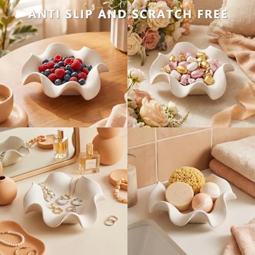 Ceramic Flower Decorative Bowl, Small Scalloped Trinket Dish for Keys, Jewelry and Candy, White Catchall Bowl for Entryway or Coffee Table Decor (7.8 * 2.9Inch) - Image 5