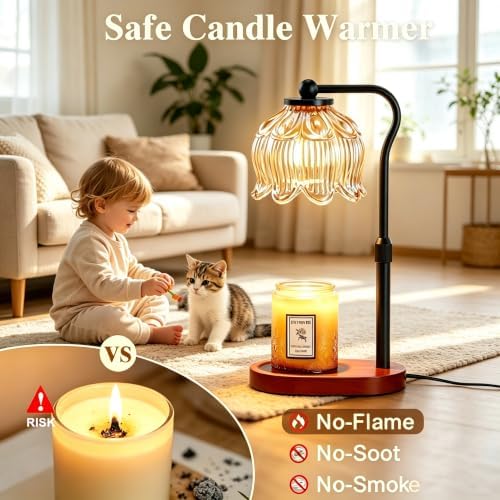 Briever Flower Candle Warmer Lamp, Adjustable Height Electric Candle Lamp with Timer & Dimmer, Wooden Base Wax Warmer, Christmas Birthday Housewarming Gifts for Women Mom, Walnut-Champagne - Image 5