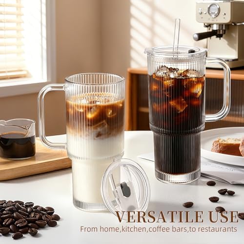 Iced Coffee Cups with Lids 2Pcs: Ribbed Glass Tumbler with Straw and Lid 24oz - Coffee Bar Accessories - Glass Cups and Tumblers with Lids and Straws - Tumbler Leak Proof - Coffee Tumbler with Handle - Image 5
