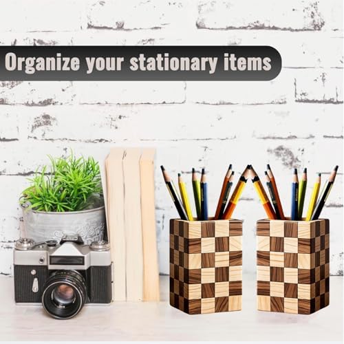 Wood Pen & Pencil Holder for Desk, 2 Pack – Brush Caddy (Mosaic Pattern) - Image 2