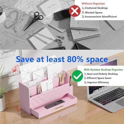 Bamboo Mail Organizer Countertop Pen Holder Wooden Desktop Storage Drawers - Image 5