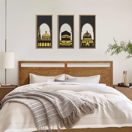 KAIRNE Eid al-Fitr Wooden Wall Art,3pcs 8”X16” Islamic Festival Decorations,Muslim Home Hanging Decor,Framed Mosque Wall Sculptures,Eid Ramadan Kareem Decoration,Rustic Religious Artwork Gift for Friend Family Living Room Bedroom Decor - Image 5