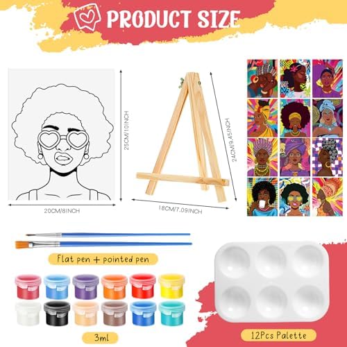 Zhanmai 72 Pcs 12 Sets Sip and Paint Kit Pre Drawn Canvas for Painting 8" x 10" Paint Party Canvas Painting Pre Printed Canvases for Party Favor DIY Virtual Adult's Date Night(Afro Queen) - Image 2