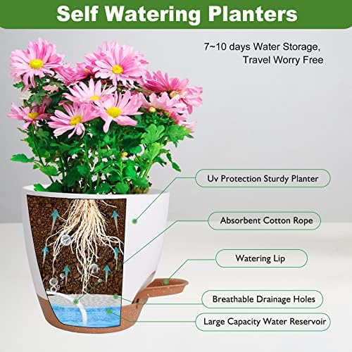 Vanslogreen Flower Pots, 8/7/6.5/6/5.5/5 Inch Self Watering Planters for Indoor Outdoor Plants with Drainage Hole, Plastic Planters for House Plants(White) - Image 2