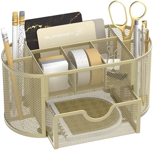 SUPEASY Mesh Desk Organizer, Desk Accessories & Workspace Organizers with Drawers, Pencil Holder for Desk with 9 Compartments for Office Suppliess, 8.6 x 4.3 x 4.1 Inch, Yellow by SUPEASY