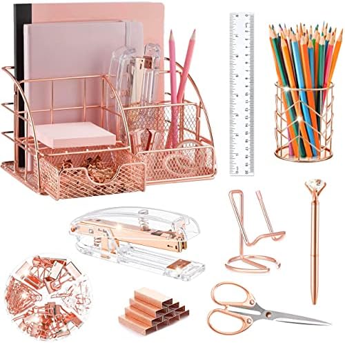 KAAKOW Rose Gold Desk Organizers and Accessories Office Supplies Set Stapler, Pen Holder, Phone Holder, Scissors, Pen, Ruler, 30 Paper Clips, 22 Binder Clip, 20 Tacks and 1000pcs Staples by KAAKOW