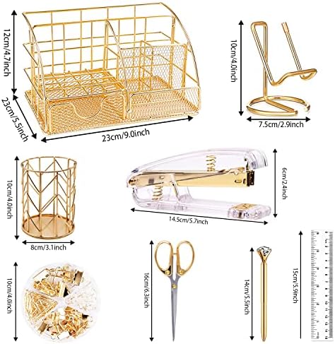 KAAKOW Gold Desk Organizers and Accessories Office Supplies Set Stapler, Pen Holder, Phone Holder, Scissors, Pen, Ruler, 30 Paper Clips, 22 Binder Clip, 20 Tacks and 1000pcs Staples (Gold) - Image 2