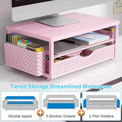 Monitor Stand with Drawer and 2 Pen Holders (Matte Pink) - Image 3