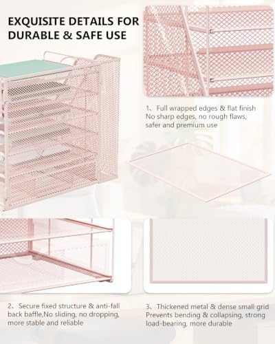 WALI Desk File Organizer, 6 Tier Desktop Paper Letter Tray Organizer with Drawer and 2 Pen Holders, Office Desk Accessories & Workspace Organizers for Office, Home Supplies(DO007DH-P), 1 Pack, Pink - Image 5