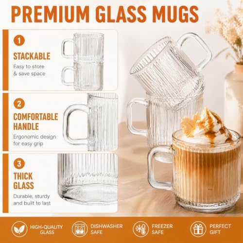 Noamus 6 Pack Premium Glass Coffee Mugs with Handle, 12 Oz Classic Vertical Stripes Glass Tea Cups, Transparent Ribbed Beverage Mugs, Clear Vintage Glassware Set for Hot Cold Americano, Cappuccino - Image 3
