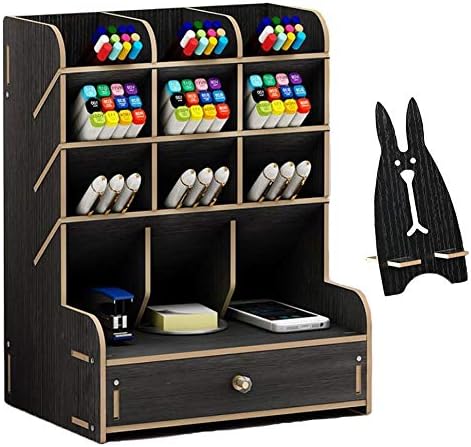 Marbrasse Wooden Desk Organizer, Multi-Functional DIY Pen Holder, Organizer for desk, Desktop Stationary, Easy Assembly, Home Office Art Supplies Storage with Drawer (B11-Black) by Marbrasse