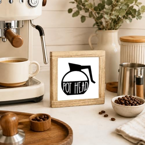 Pot Head Coffee Wood Sign, Funny Coffee Pot Plaque, Caffeine Lover Kitchen Decor Accent, Rustic Beverage Station Shelf Sitter For Countertop Pantry Breakfast Nook, 5.9 x 5.9 in - Image 4