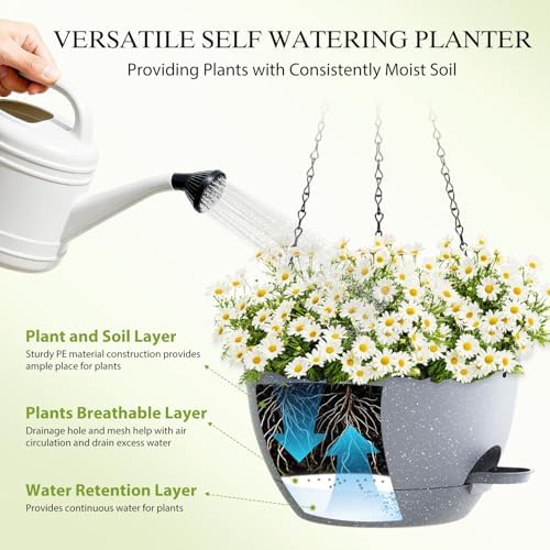 12 Inch Hanging Baskets 2 PC with Chains, Self-Watering Hanging Planters for Indoor Outdoor Plants, Plastic Hanging Flower Pots,Speckled Grey - Image 4
