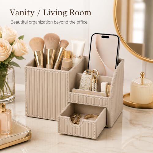 KINGFOM Luxury PU Leather Desk Organizer with Drawer, Modern Aesthetic Office Desk Accessories for Men & Women, Multi-Compartment Pen Holder & Desktop Storage Organizer for Home Office - Image 6