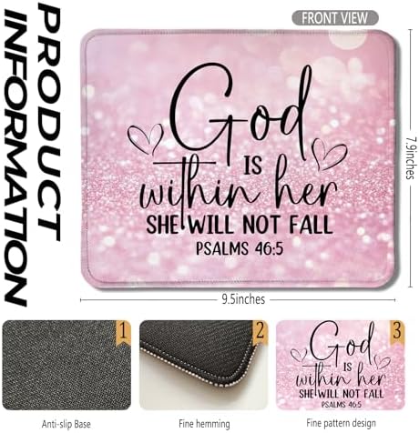 Pink Christian Mouse Pad, God is Within Her She Will Not Fall Bible Verse Mouse Pad for Wireless Mouse Computers Laptop Pink Desk Accessories, Christian Gifts for Women, 9.5x7.9 Inch - Image 2