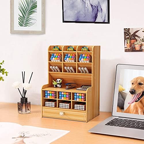 Marbrasse Wooden Desk Stationary Organizer, Multi-Functional Pen Holder, Storage Rack for School Home Office Art Supplie (B16-Cherry Color) - Image 3