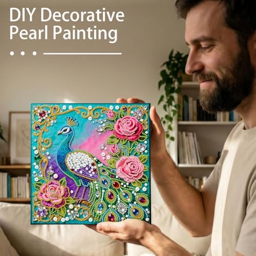 Xylzzuit Pearl Painting Kit with Frame 9.84x9.84IN Colorful DIY Gemstone Pearls Beads Art Craft for Adults Home Desktop Wall Decor (Peafowl) - Image 7
